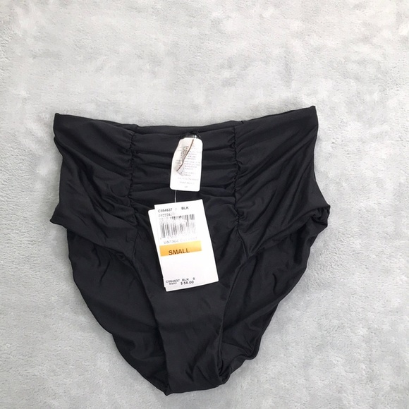 Becca Women's Black High- Waisted Ruched Bikini Bottom Size Small New - Picture 2 of 7